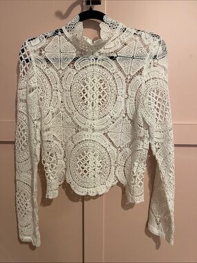 Women's Ivory Crochet Lace Long-Sleeve Top
